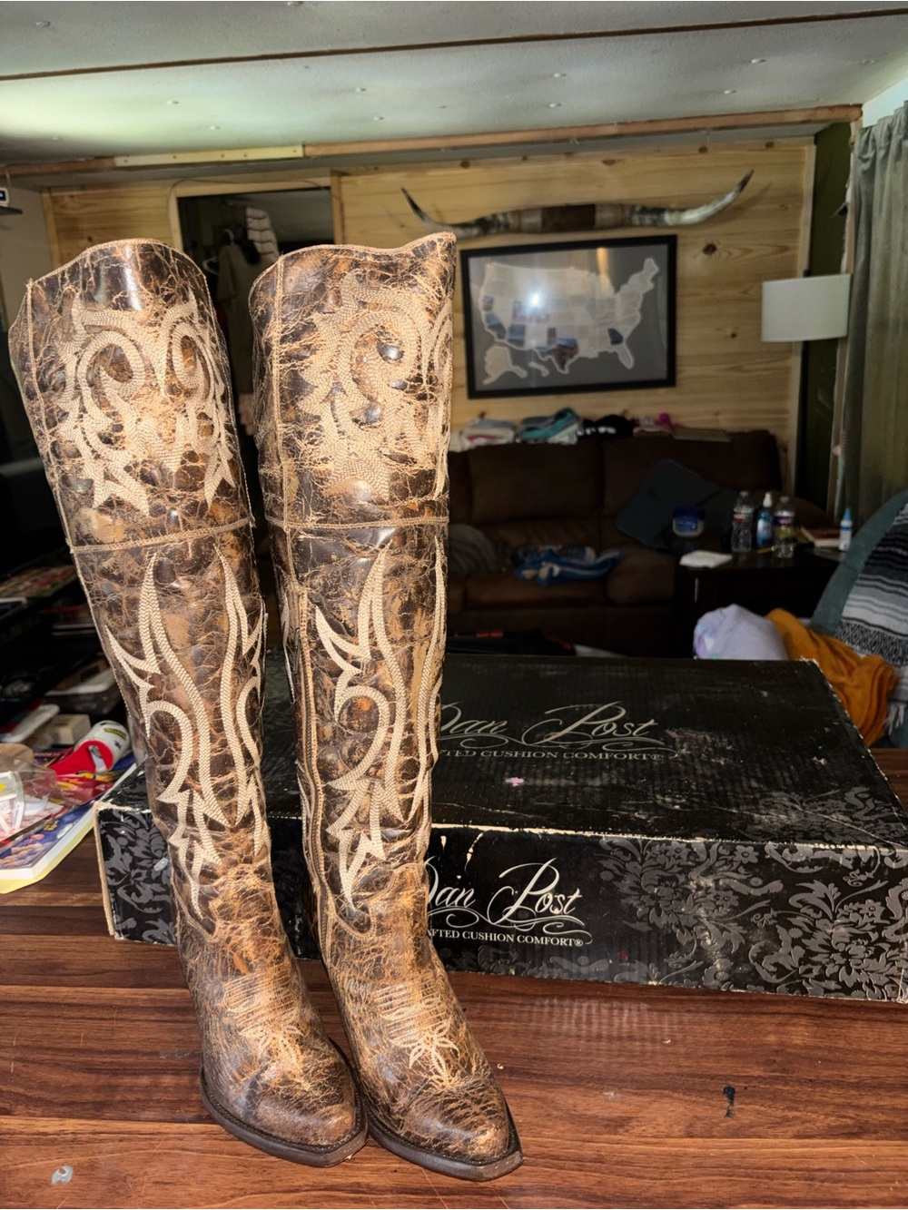 Dan Post Brown and Cream Embroidered Tall Western Boots